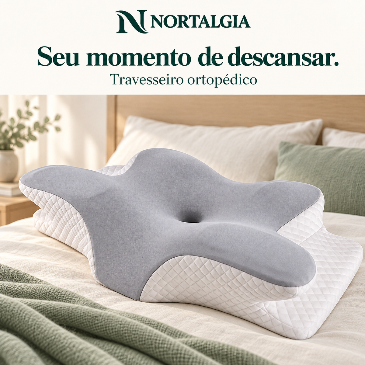 Travesseiro ortopédico Nortalgia sobre a cama — seu momento de descansar